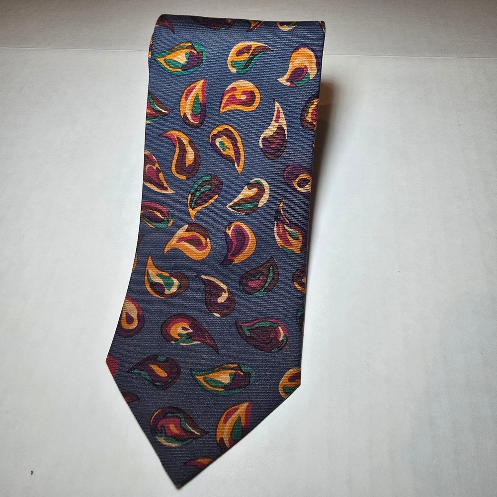 Leonard Paris Mens Silk Paisley Necktie Navy Blue Orange Made in Italy